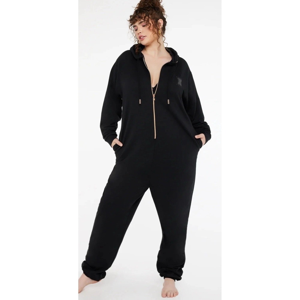 Black Women's Hooded Onesie Jumpsuit - Cozy Zip-Front